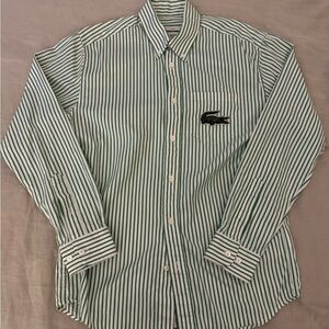 Lacoste Men's White and Green Striped Button Down Shirt